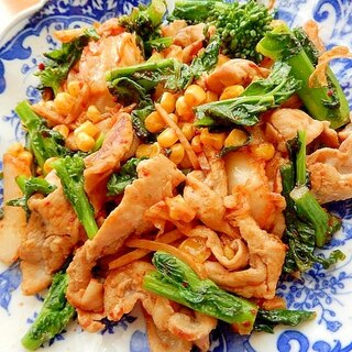 醤油だけでOK５分！？菜の花で肉野菜炒め（キムチ）